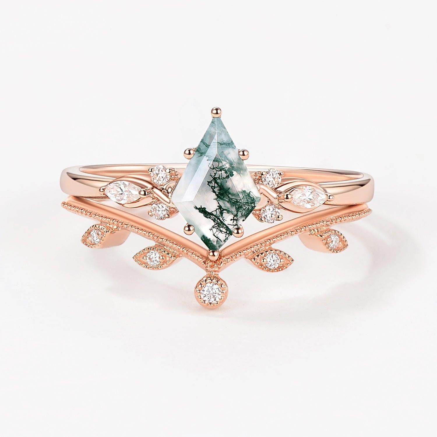 Green Leafy Unique Kite Moss Agate Engagement Ring Sets 2pcs.