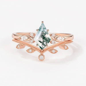 Green Leafy Unique Kite Moss Agate Engagement Ring Sets 2pcs.