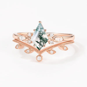 Green Leafy Unique Kite Moss Agate Engagement Ring Sets 2pcs.