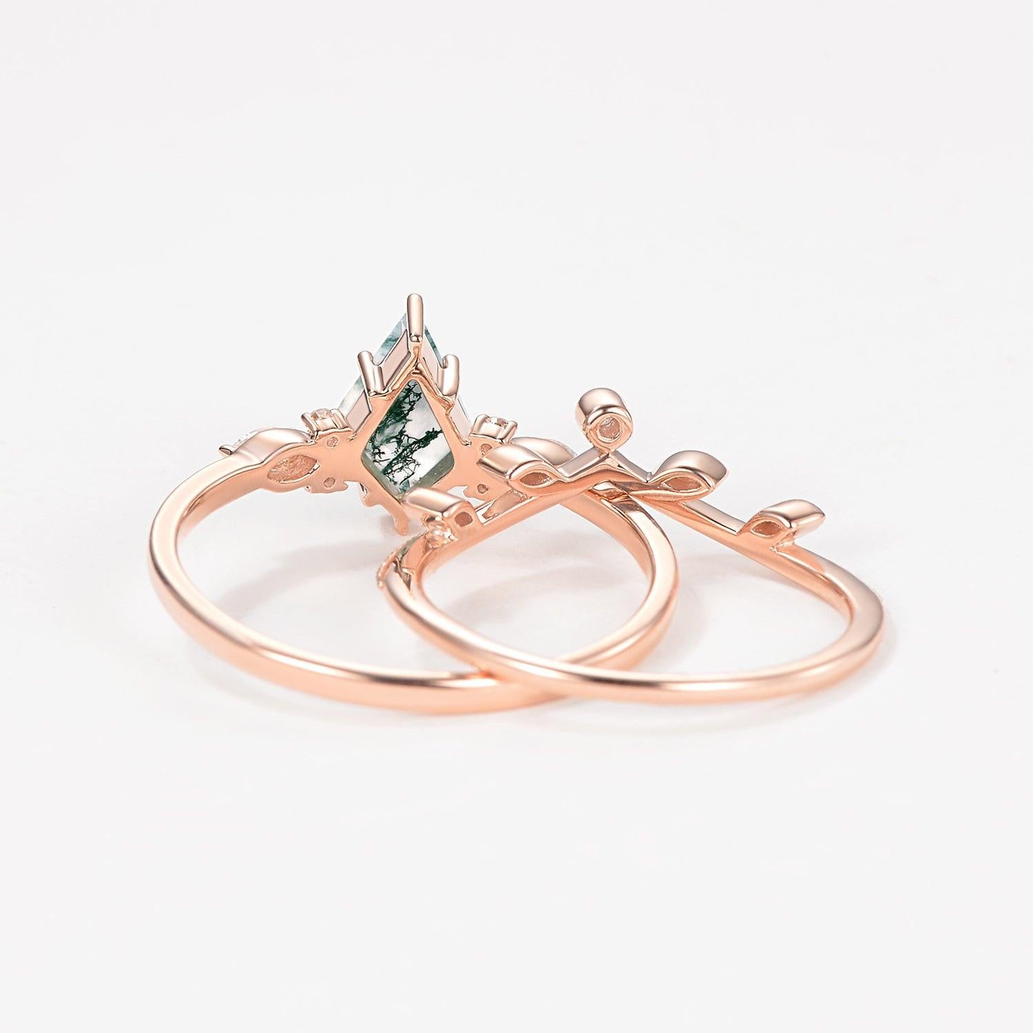 Green Leafy Unique Kite Moss Agate Engagement Ring Sets 2pcs.