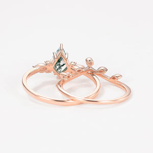 Green Leafy Unique Kite Moss Agate Engagement Ring Sets 2pcs.