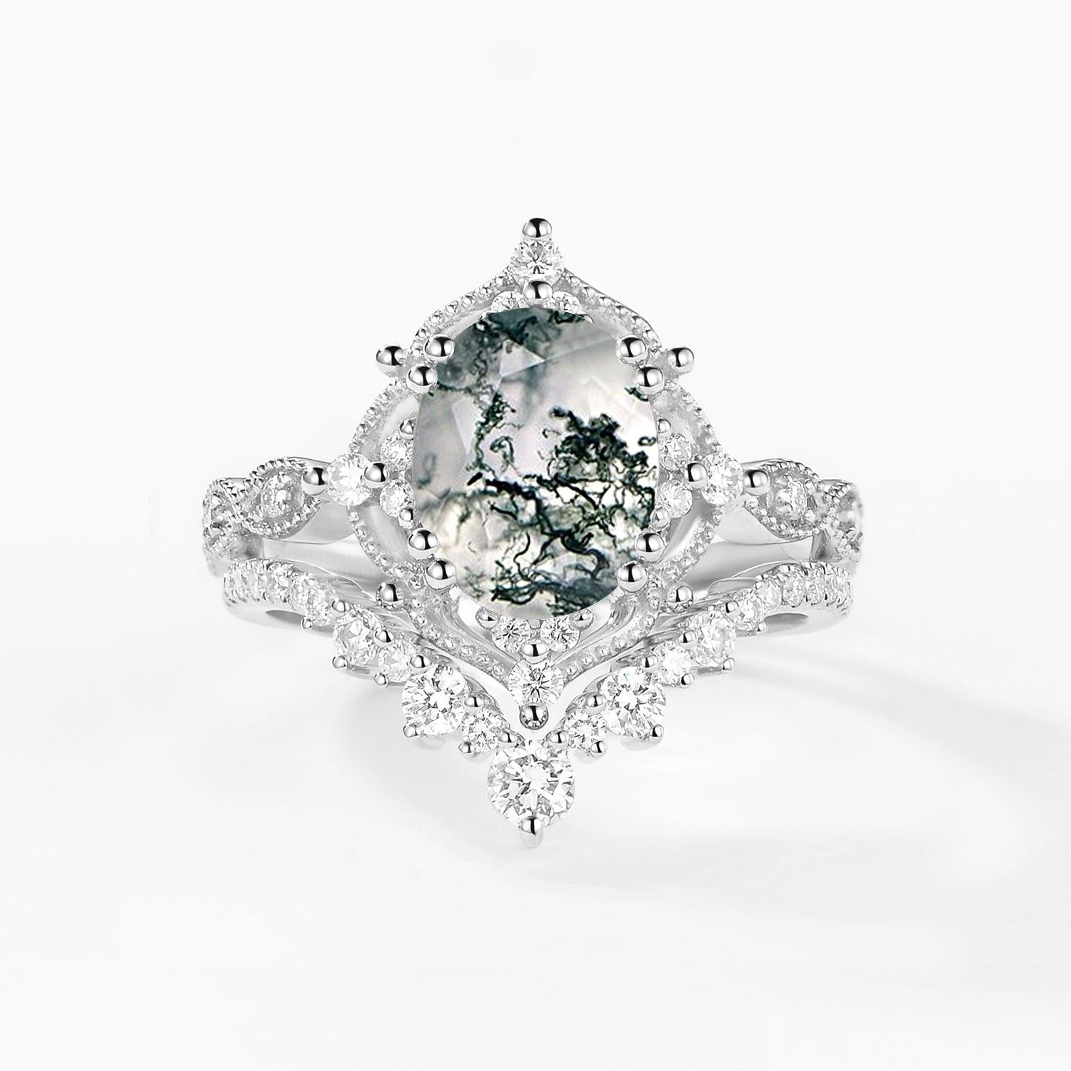 Charlotte 2.0CT Signature Vintage Moss Agate Big Ring Set 2pcs.