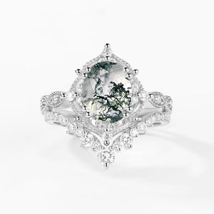 Charlotte 2.0CT Signature Vintage Moss Agate Big Ring Set 2pcs.