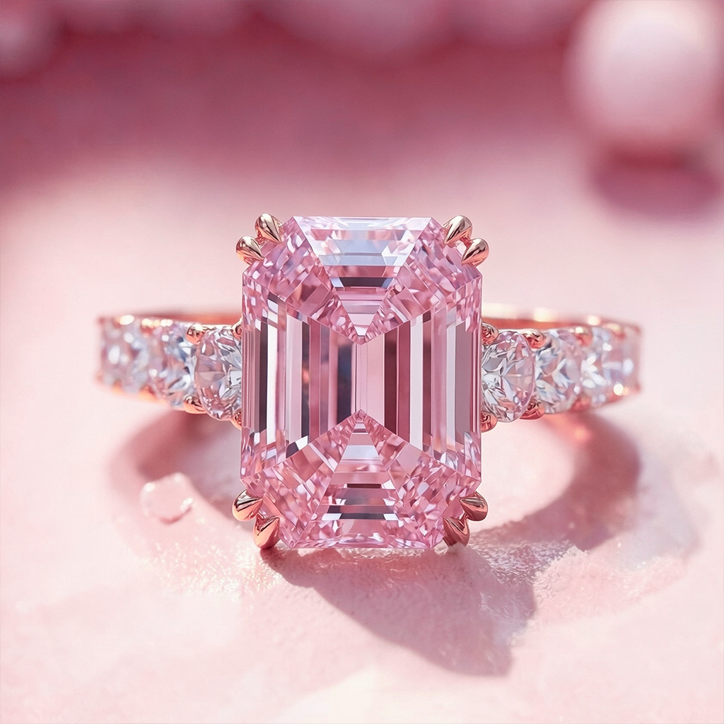 Elena's Oath | 3CT Green Emerald Cut Pink Glasshouse Ring.