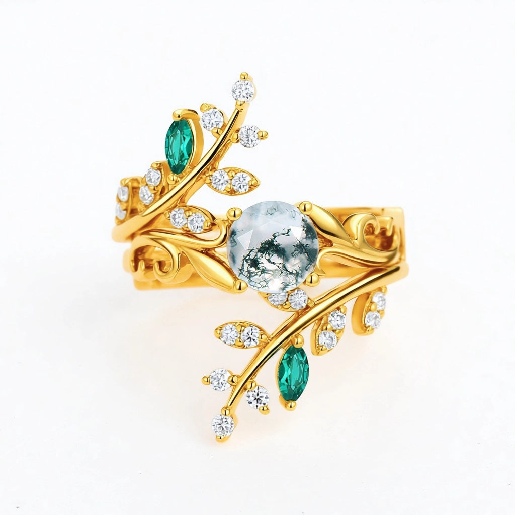 Forest Bloom – Round Cut Moss Agate & Emerald Bridal Set 2pcs.