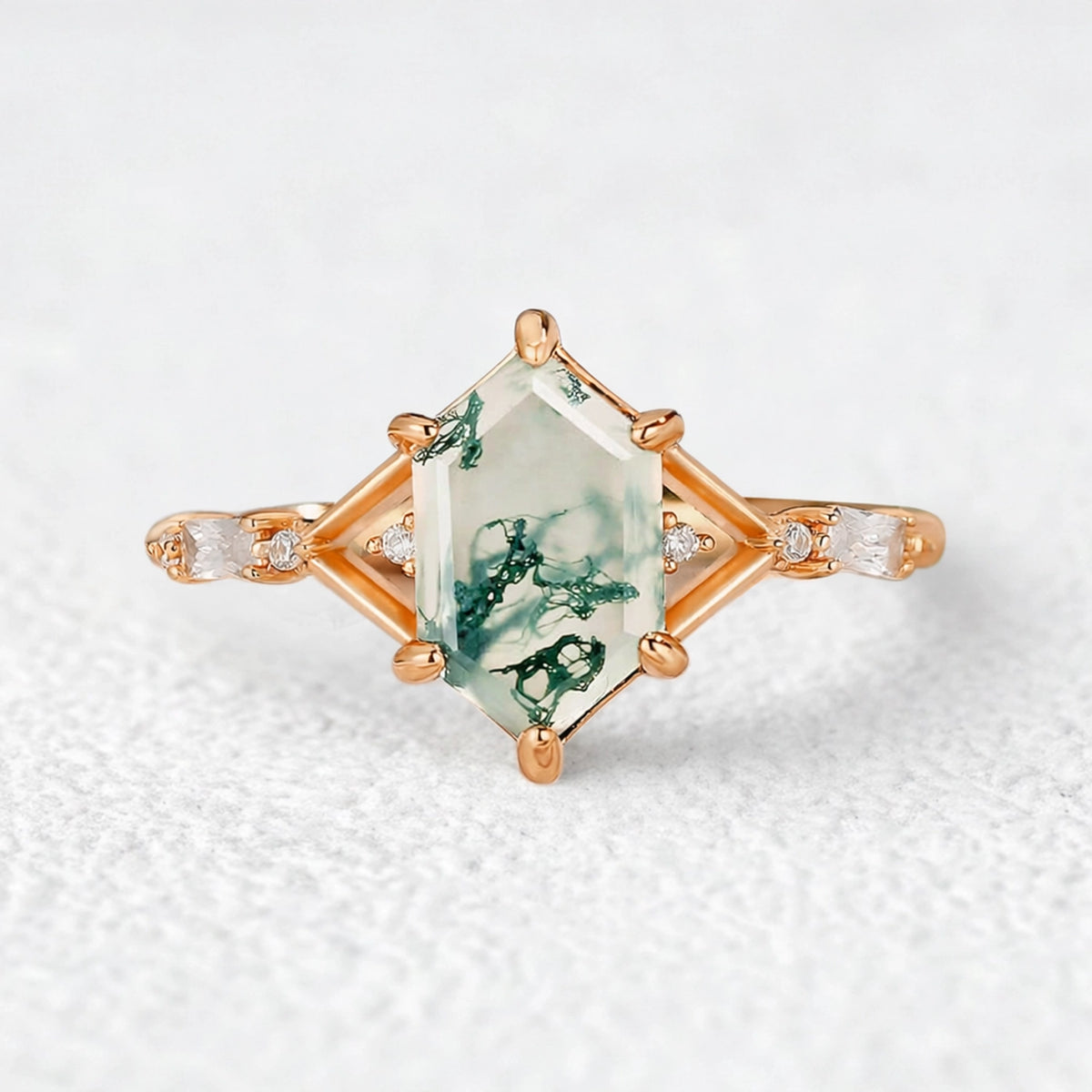 Nature Inspired Hexagon Cut Moss Agate Engagement Ring.