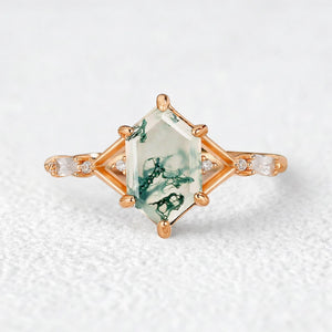 Nature Inspired Hexagon Cut Moss Agate Engagement Ring.