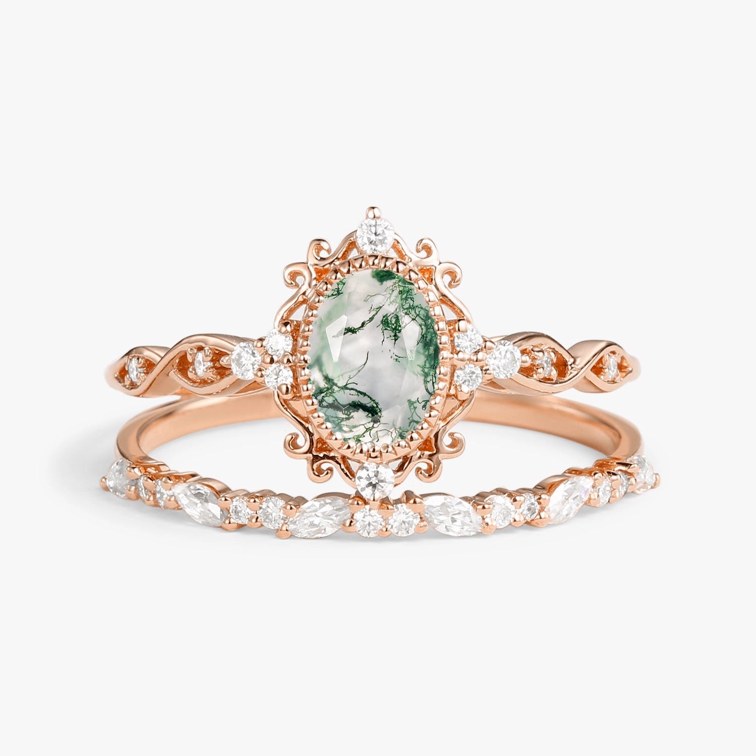 Margaret's Garden – Oval Cut Vintage Moss Agate Bridal Set 2pcs.