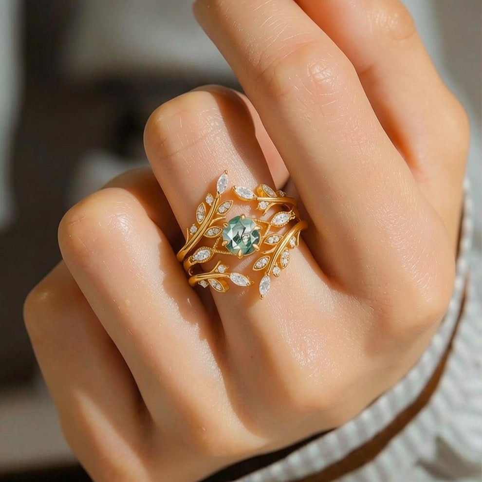 Zinnia’s Thicket | Round Cut Moss Agate Leafy Cage Bridal Set 2pcs.