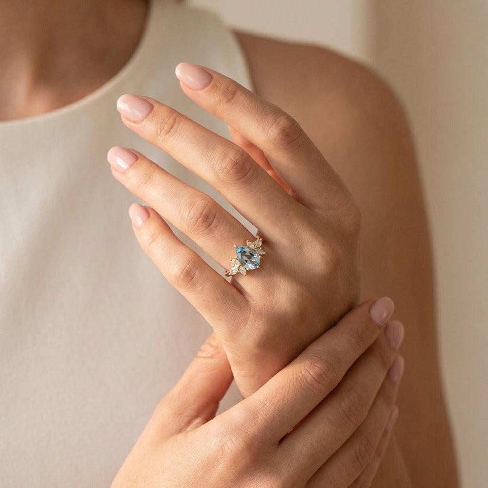 Nerida’s Tear | Pear Cut Aquamarine Classic Engagement Ring.