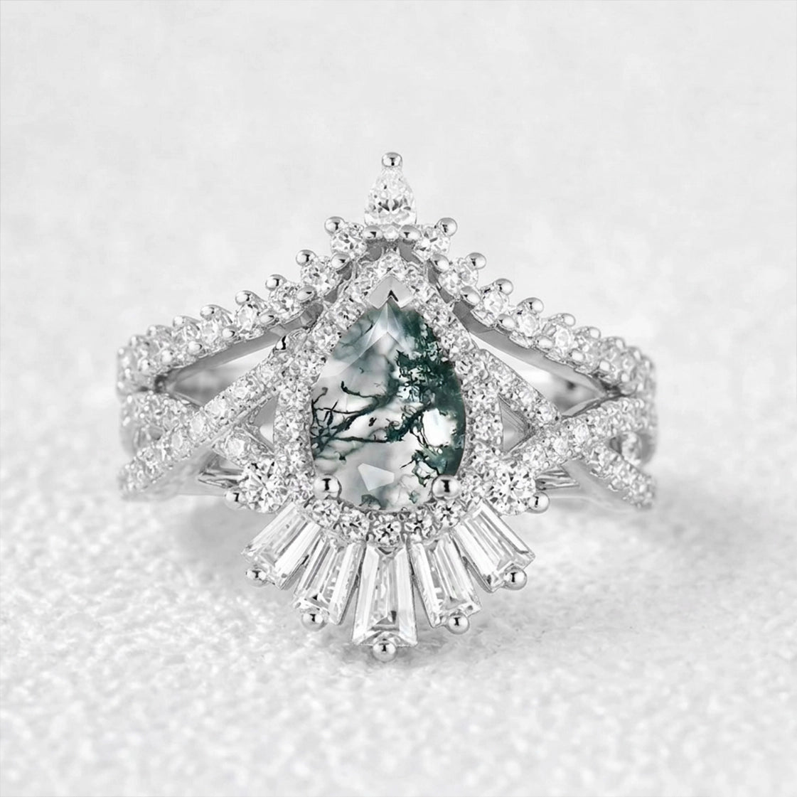 Elara's Crown | Pear Moss Agate Halo Baguette Bridal Set 2pcs.