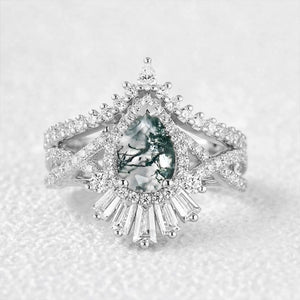 Elara's Crown | Pear Moss Agate Halo Baguette Bridal Set 2pcs.