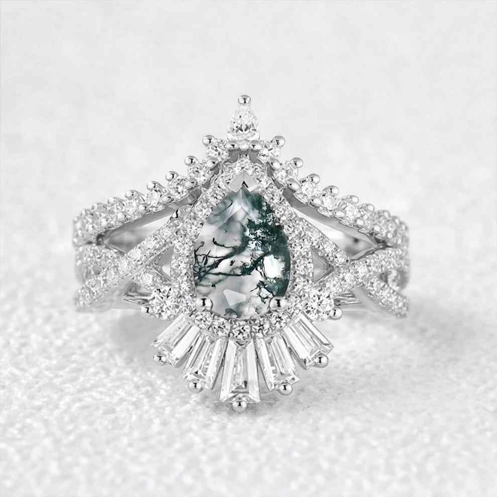 Elara's Crown | Pear Moss Agate Halo Baguette Bridal Set 2pcs.