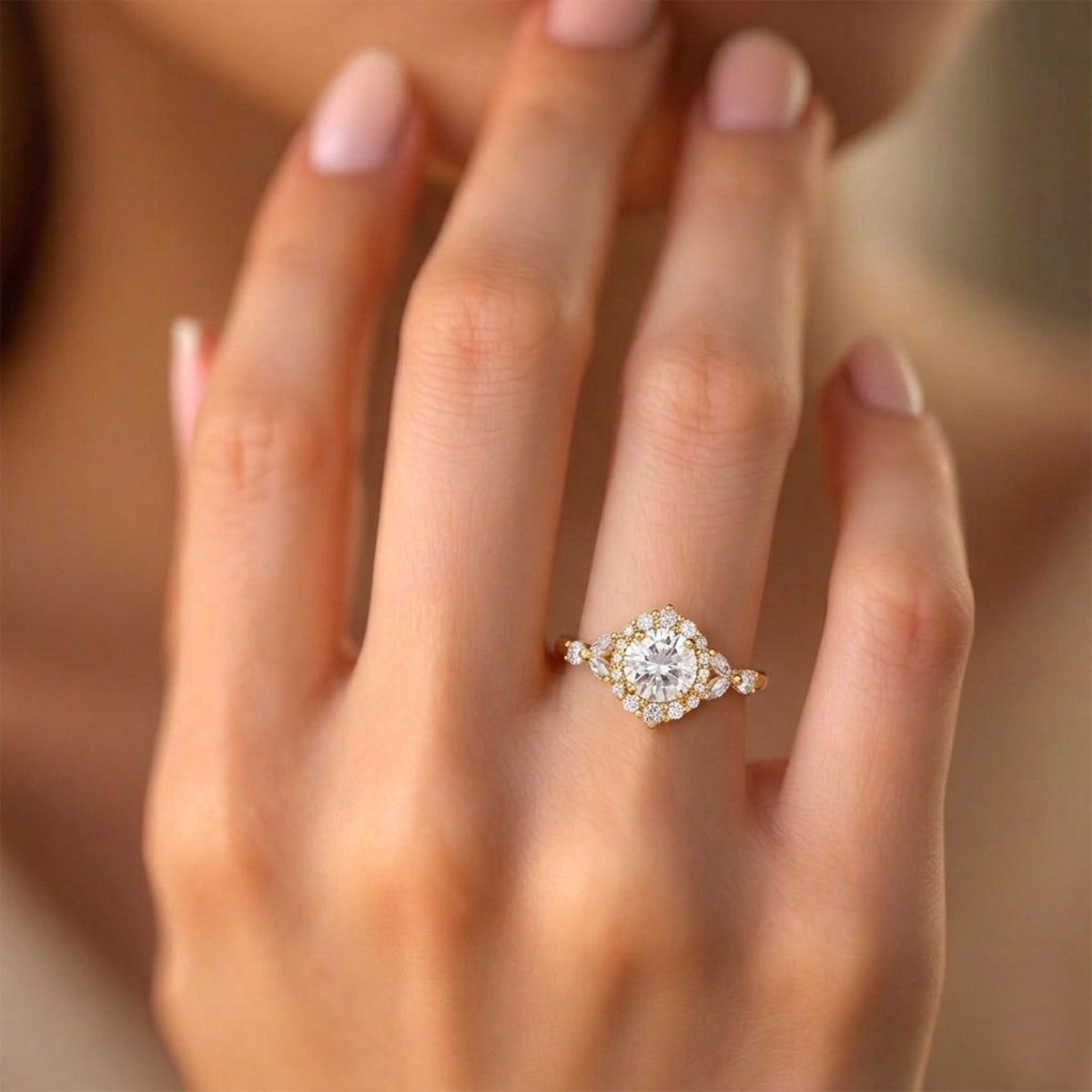Aurora’s Radiance | Vintage Round Diamond Halo Engagement Ring.