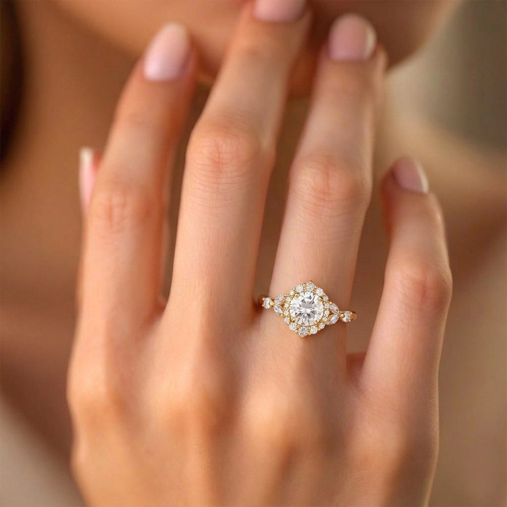 Aurora’s Radiance | Vintage Round Diamond Halo Engagement Ring.