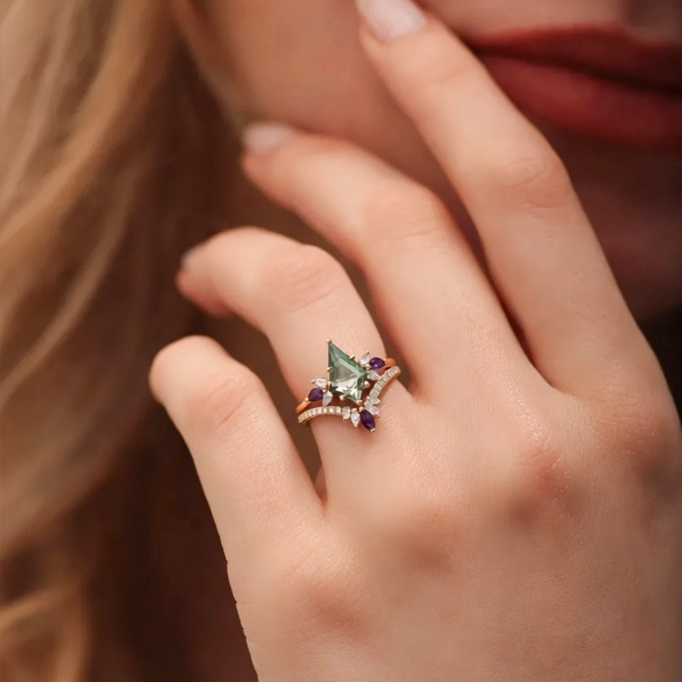 Butterfly Fairy - Unique Kite Cut Moss Agate & Amethyst Engagement Ring Set 2pcs.