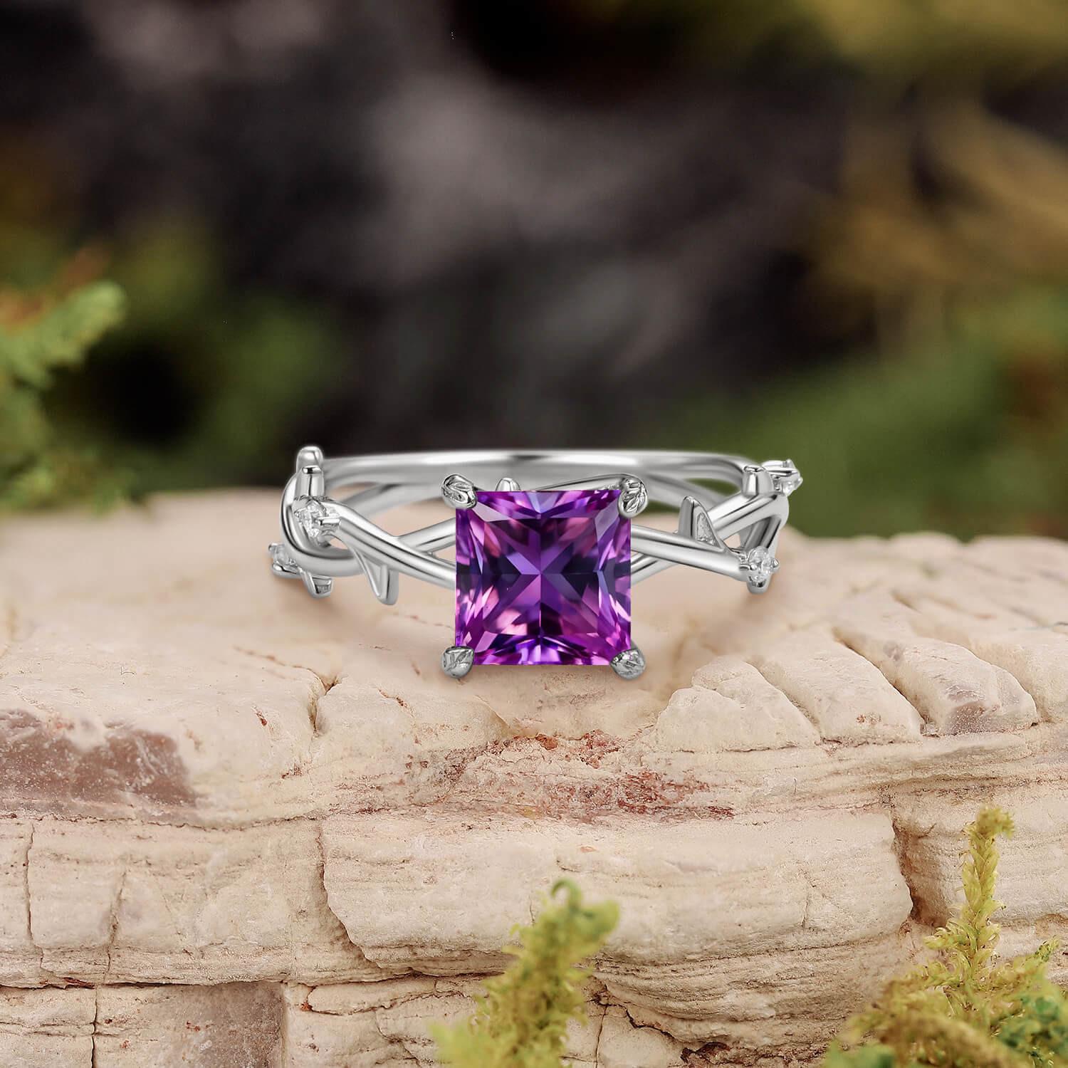 Nature Inspired Princess Cut Moss Agate Leafy Engagement Ring.
