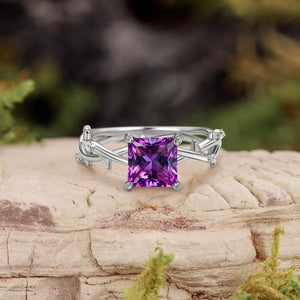 Nature Inspired Princess Cut Moss Agate Leafy Engagement Ring.