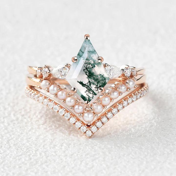 Kite Cut Moss Agate Pearl Stacking Engagement Bridal Set 3pcs.