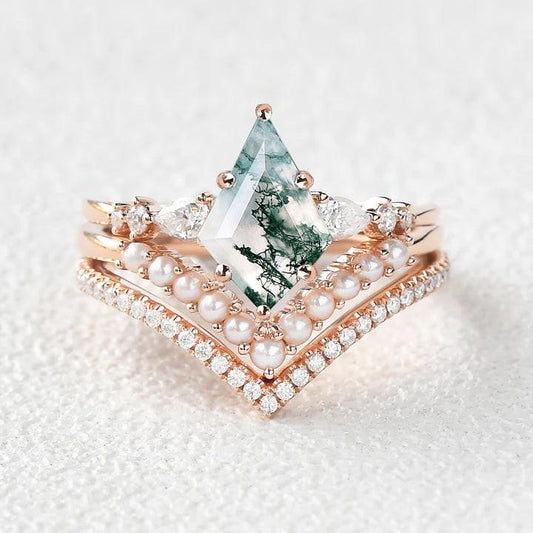 Kite Cut Moss Agate Pearl Stacking Engagement Bridal Set 3pcs.
