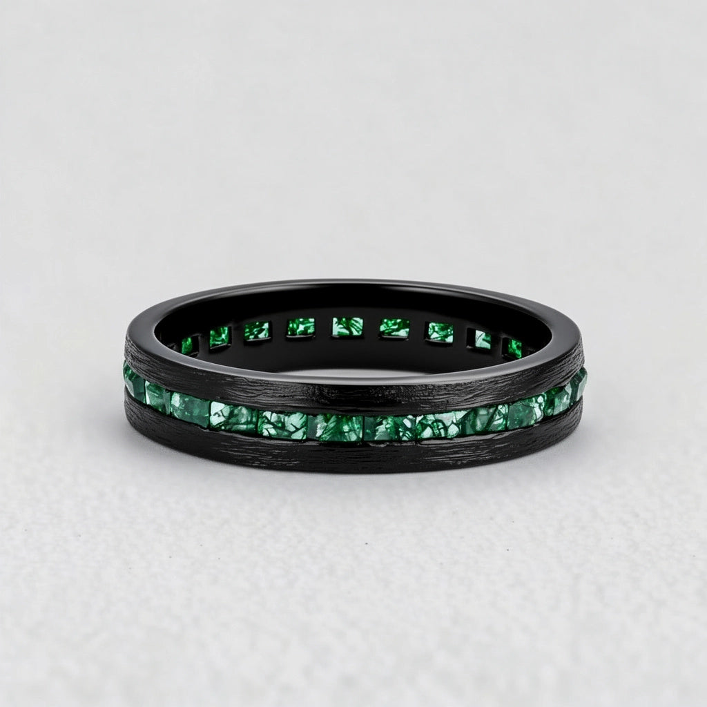 Maia’s Glade | Long Hexagon Moss Agate Leafy Couple Ring Set 3pcs.