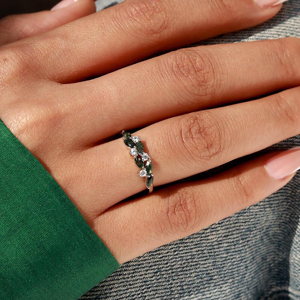 Minimalist Leaf Silver Moss Agate Ring.
