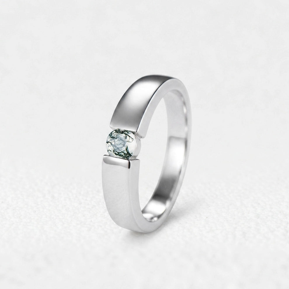 One Stone Duo | Round Moss Agate Couple Ring Set 2pcs.