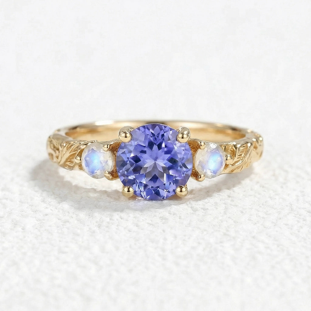 Selene’s Deep | Round Tanzanite & Moonstone Cluster Ring.