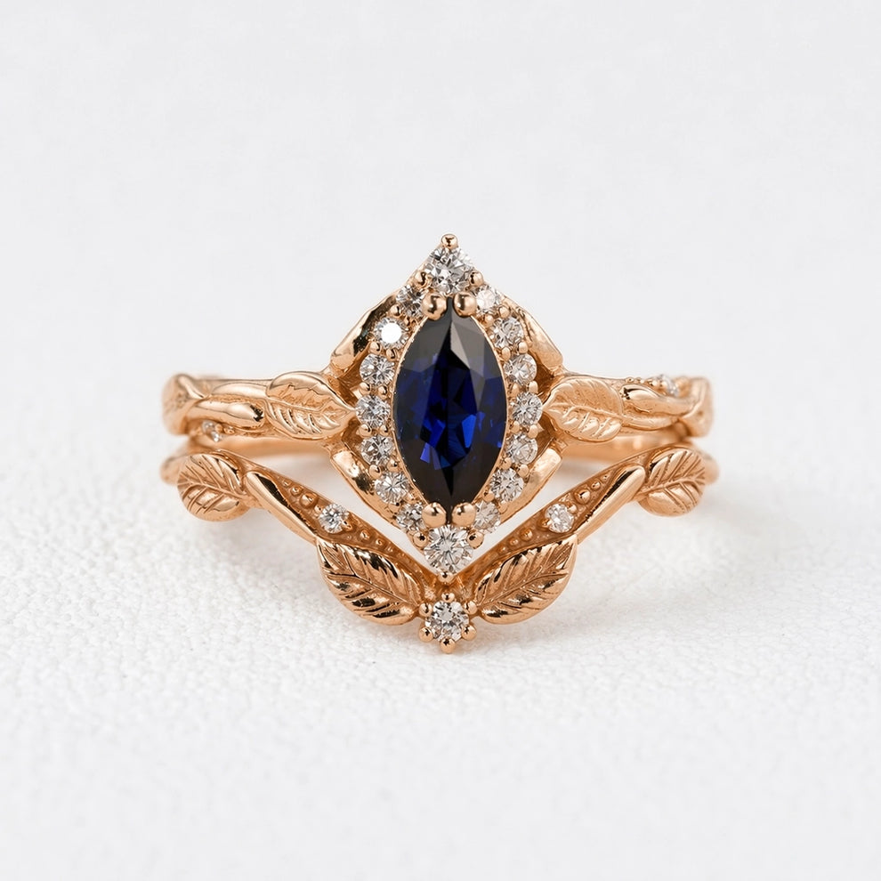 Victoria’s Diadem | Marquise Cut Sapphire & Diamond Halo Bridal Set 2pcs.