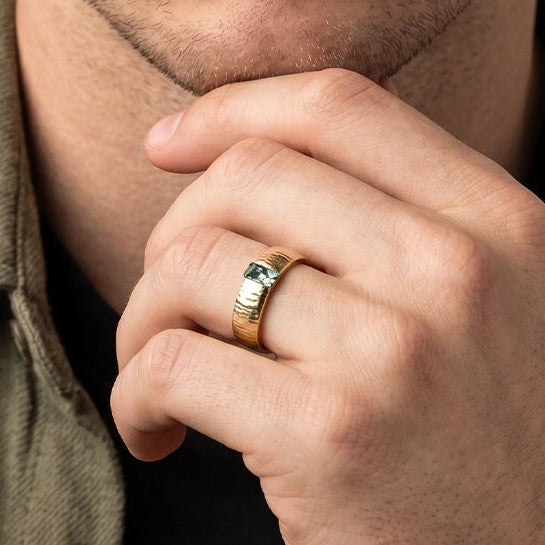 Silas’s Inlay | Moss Agate Textured Men's Wedding Band.
