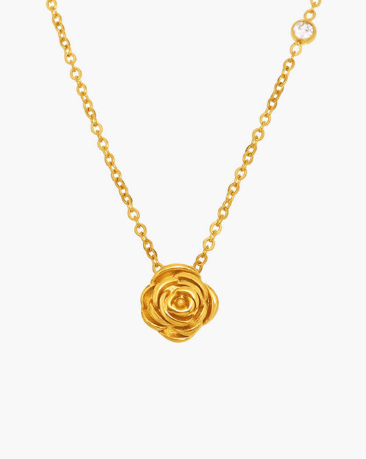 Delicate Gold Rose Pendant Necklace with Zirconia Charm