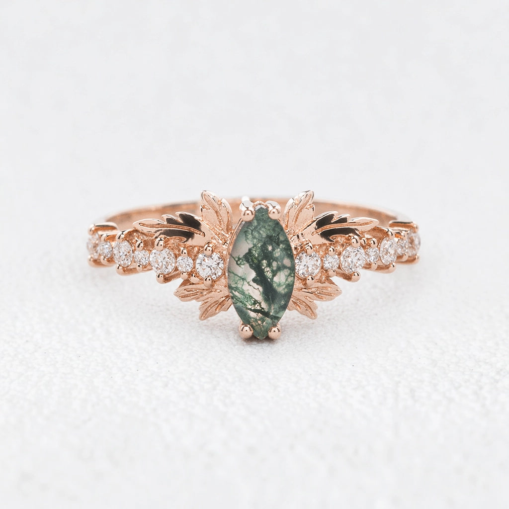 Aurora’s Moss Wing | Marquise Moss Agate Vintage Bridal Set 2pcs.