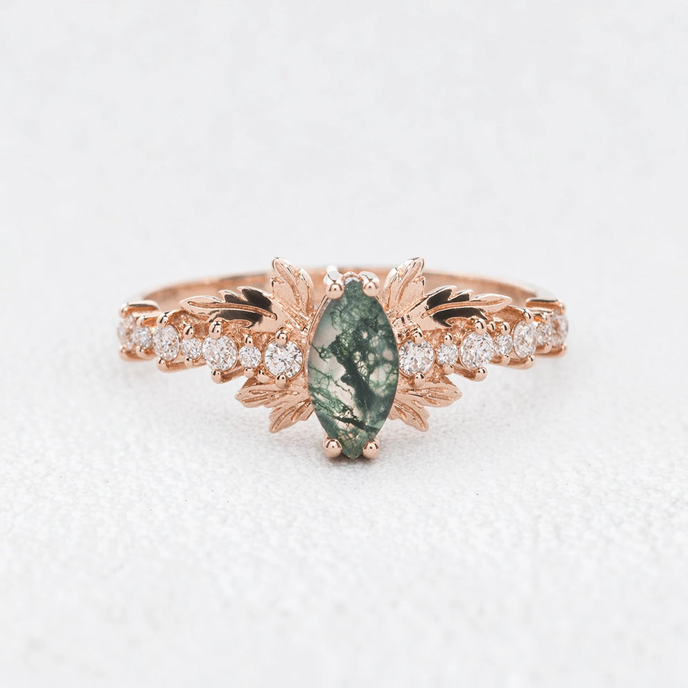Aurora’s Moss Wing | Marquise Moss Agate Vintage Bridal Set 2pcs.