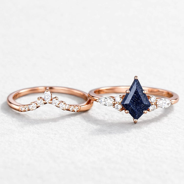 Stella’s Spark | Kite Cut Blue Sandstone & Marquise Moissanite Bridal Set 2pcs.