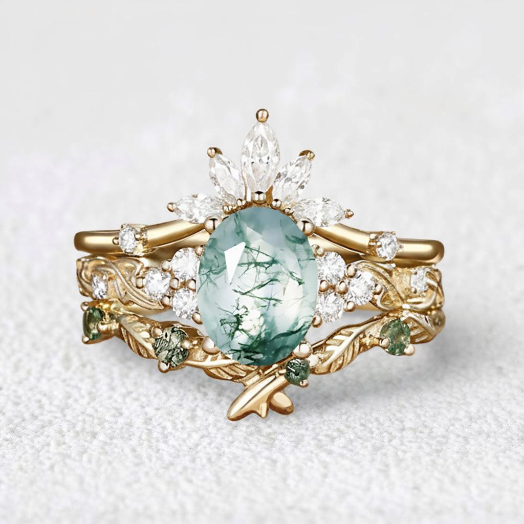 Nature Inspired Oval Cut Moss Agate Cluster Leafy Bridal Set.