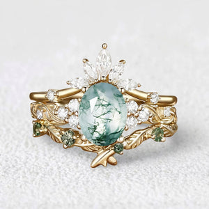 Nature Inspired Oval Cut Moss Agate Cluster Leafy Bridal Set.