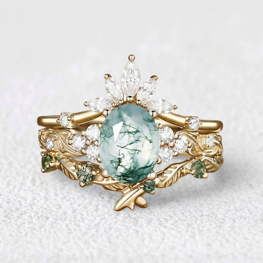 Nature Inspired Oval Cut Moss Agate Cluster Leafy Bridal Set.