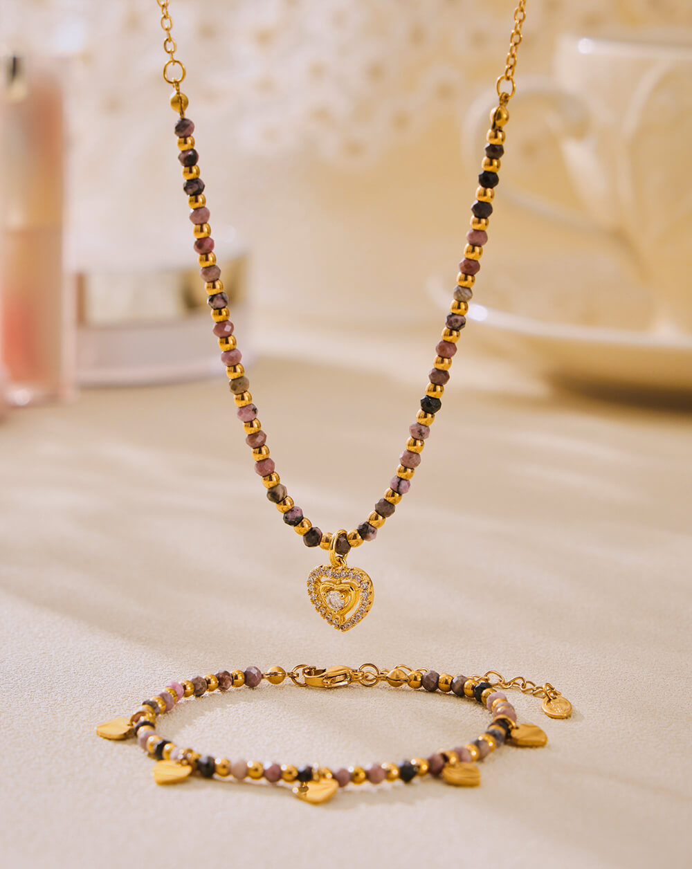 Gold Mangalsutra Gemstone Beaded Necklace with Heart Pendant