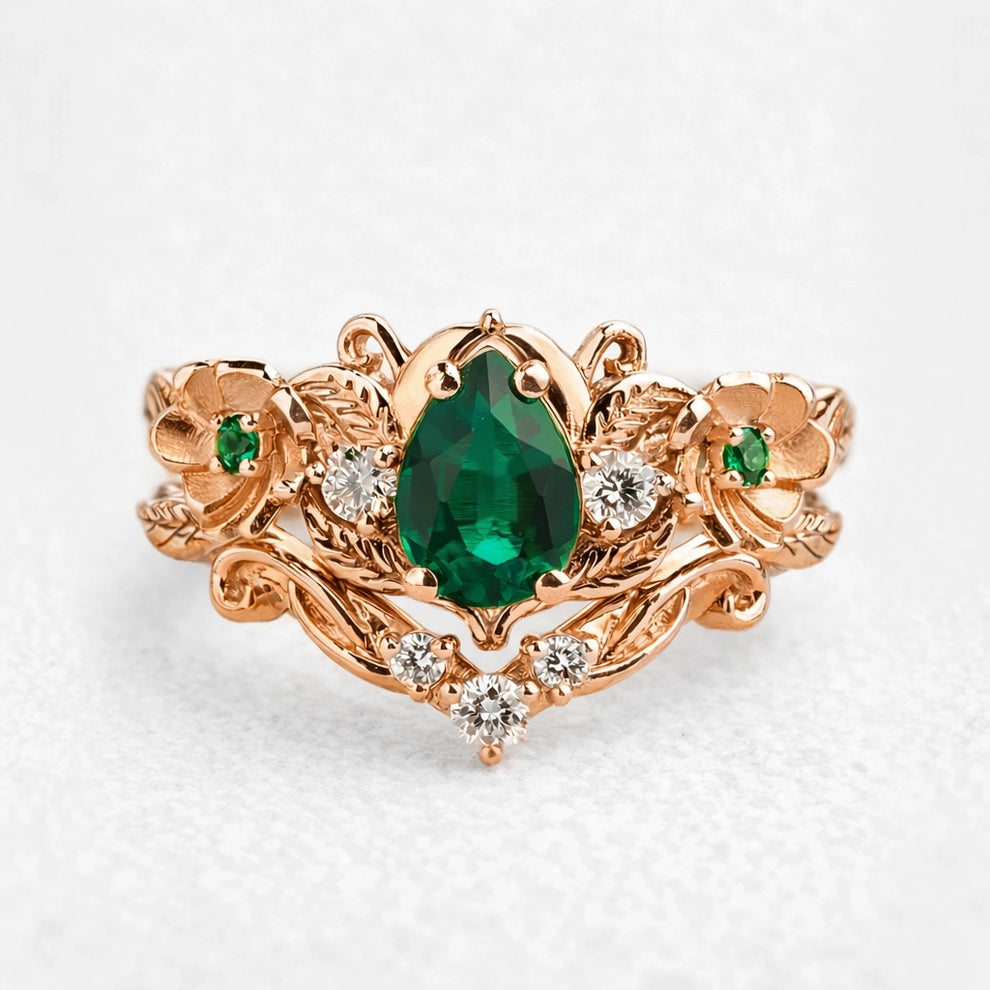 Flora’s Bloom | Natural Emerald Floral Bridal Set 2pcs.