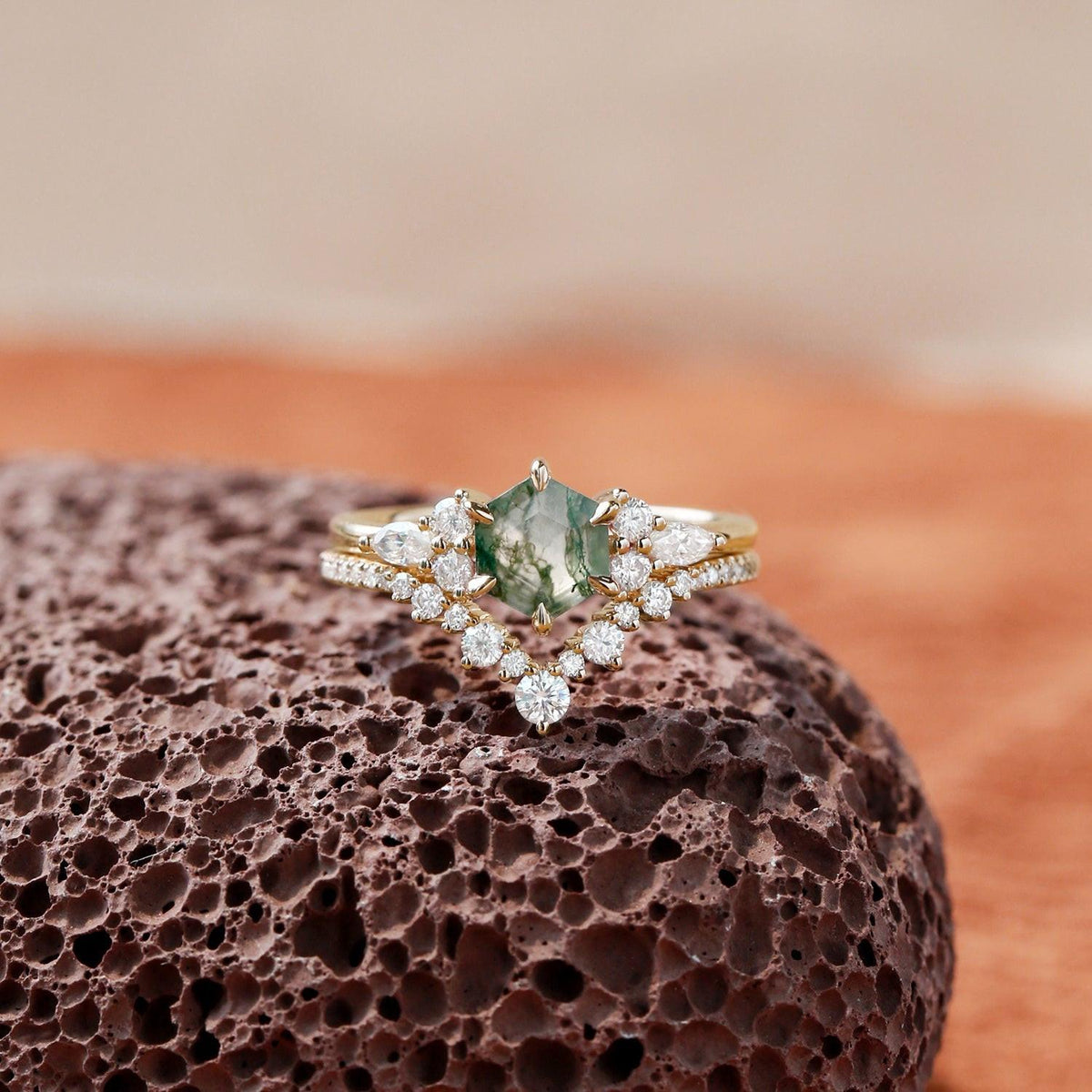 Inaya Vintage Hexagon Cut Moss Agate Engagement Ring Set 2pcs.