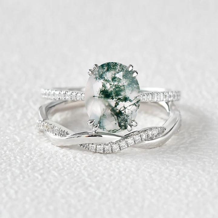Ariadne’s Merge | 2CT Oval Moss Agate Bridal Set 2pcs.