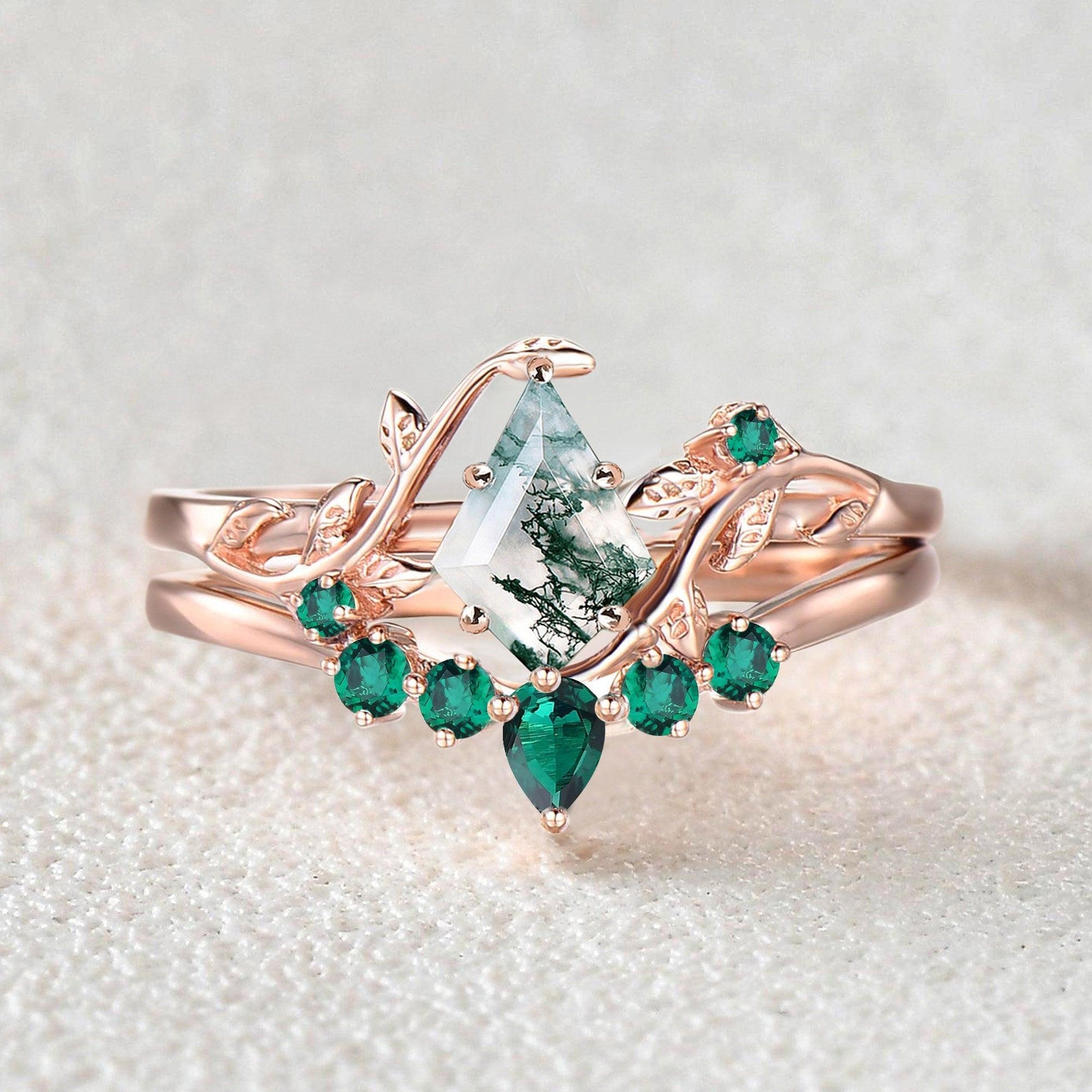 Willow Colorful Stones Unique Kite Cut Moss Agate Leafy Bridal Ring Sets 2pcs.