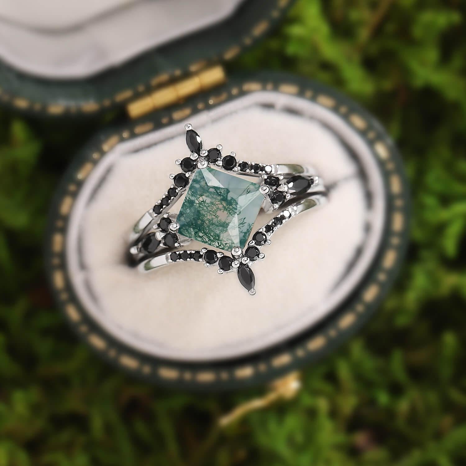 Nature Inspired Square Cut Moss Agate Leaf and Vine Promise Ring Set.