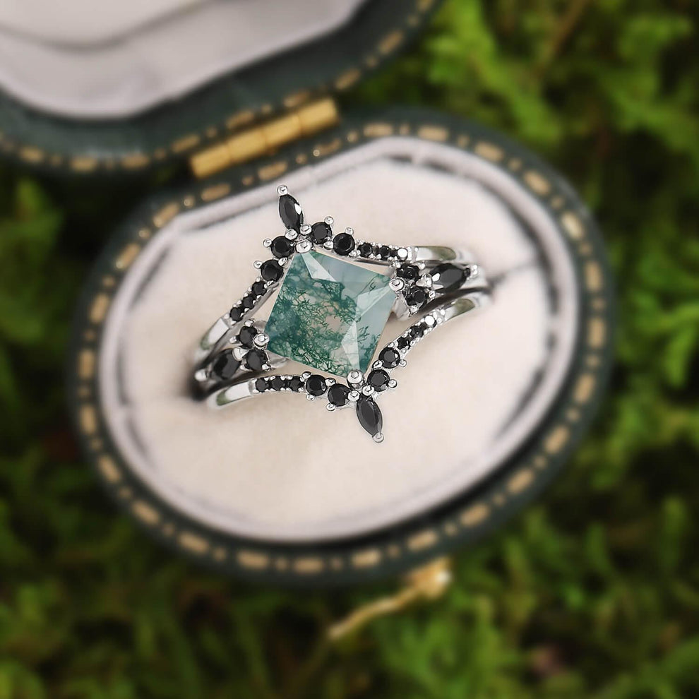 Nature Inspired Square Cut Moss Agate Leaf and Vine Promise Ring Set.