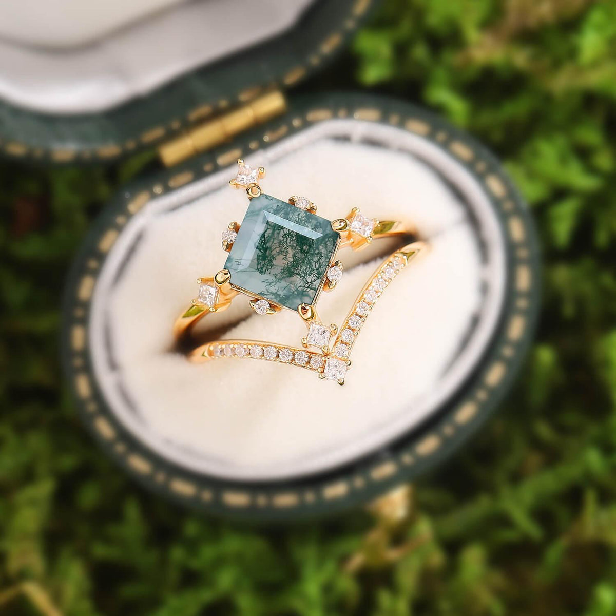 Nature Inspired Square Cut Moss Agate Promise Ring Set.