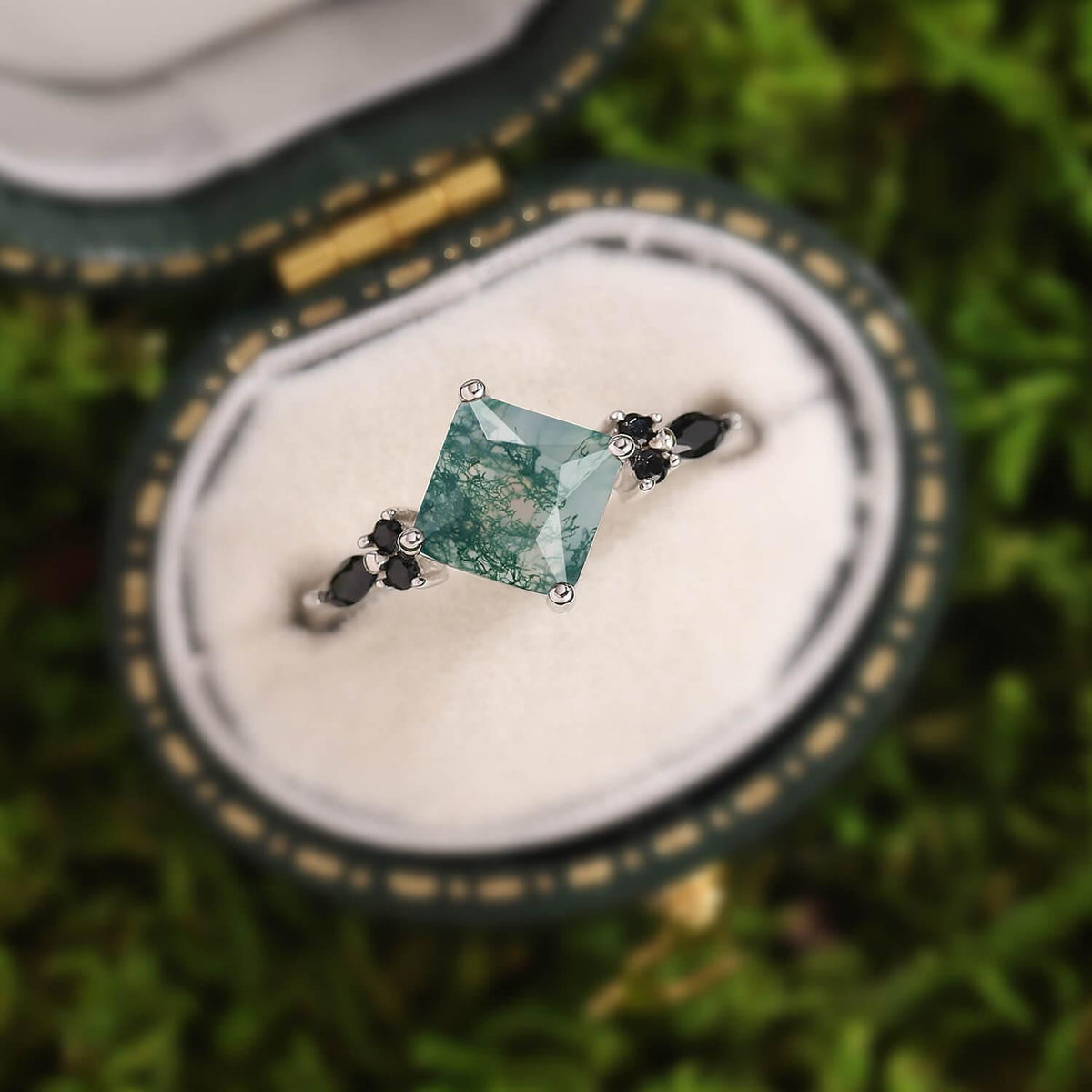Nature Inspired Square Cut Moss Agate Leaf and Vine Promise Ring.