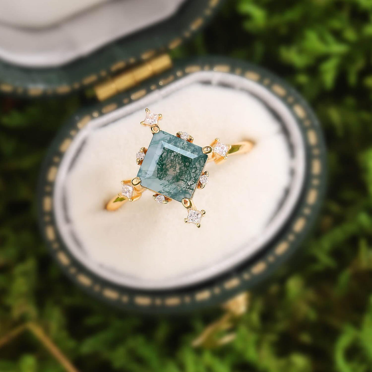 Nature Inspired Square Cut Moss Agate Promise Ring.