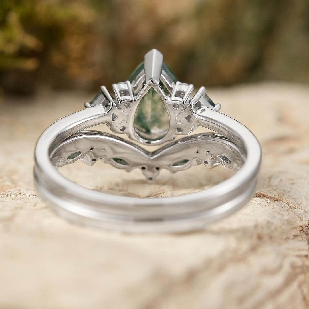 Sylvie’s Vine | Pear Cut Moss Agate Engagement Ring Set 2pcs.