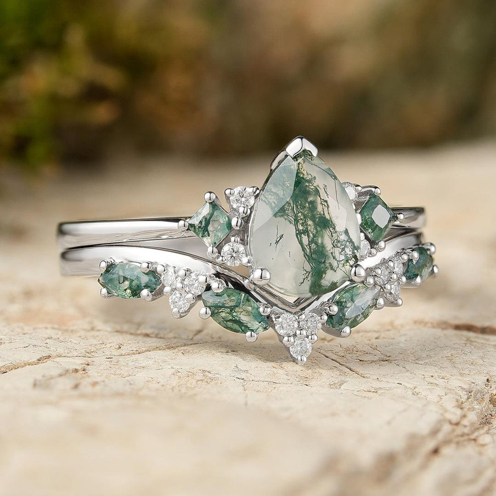 Sylvie’s Vine | Pear Cut Moss Agate Engagement Ring Set 2pcs.