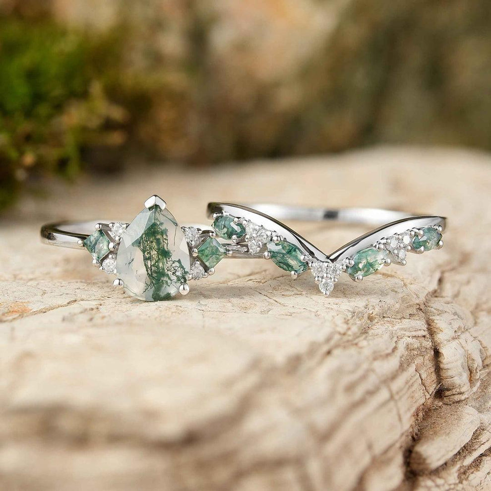 Sylvie’s Vine | Pear Cut Moss Agate Engagement Ring Set 2pcs.